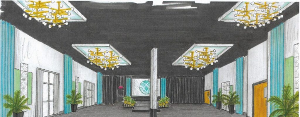 Sketch of the main area with stage of the Fillmore. With lighting and drapery.
