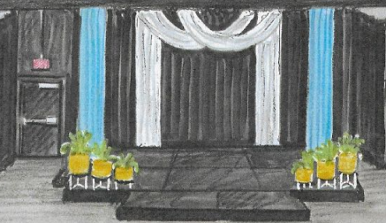Sketch of the main stage with drapery and plants on either side of the stage.